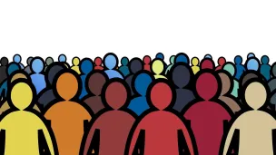 Värikäs joukko ihmishahmoja yhdessä grafiikassa.